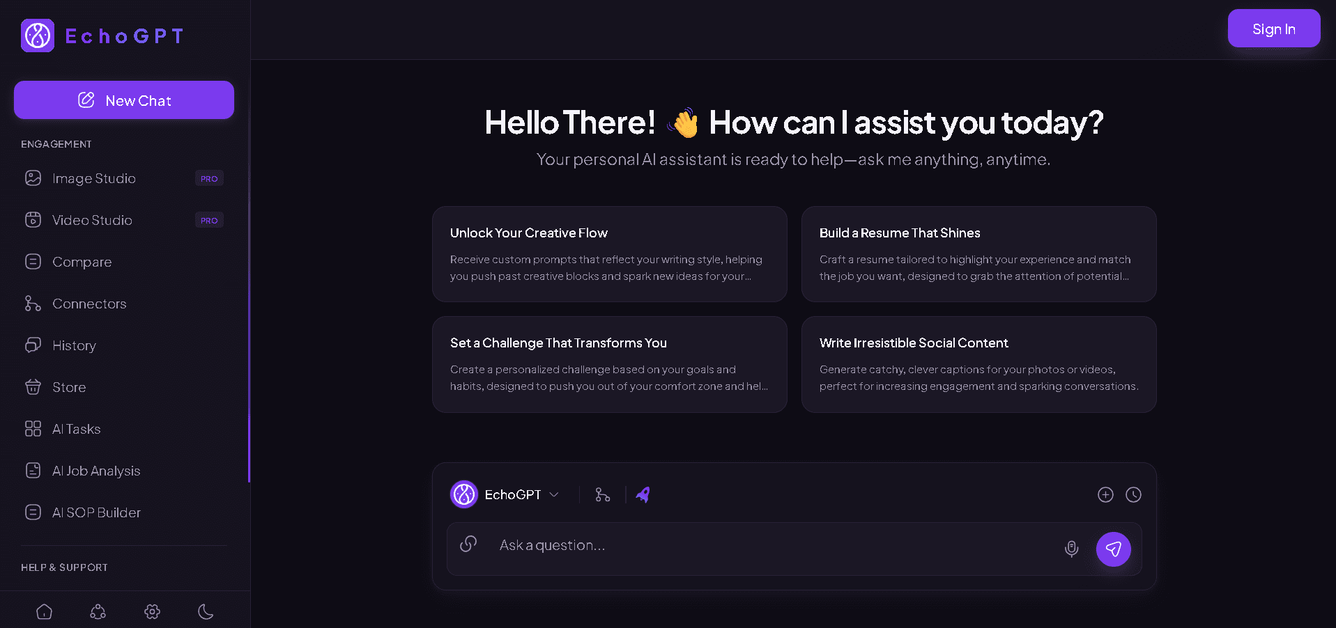 The EchoGPT app: a chat home screen with prompt ideas and a model picker