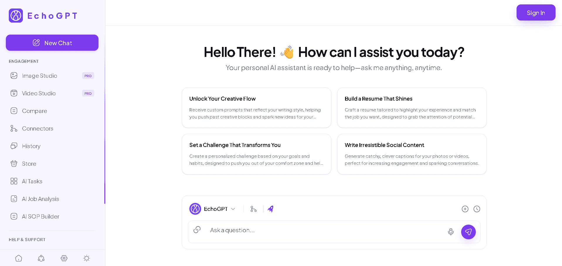 The EchoGPT app: a chat home screen with prompt ideas and a model picker
